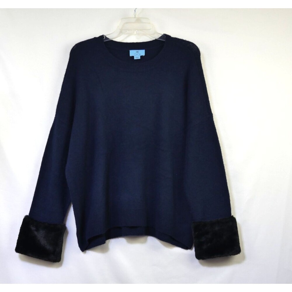 Cece Navy Blue Sweater With Long Sleeve Black Faux Fur Cuffs, Large